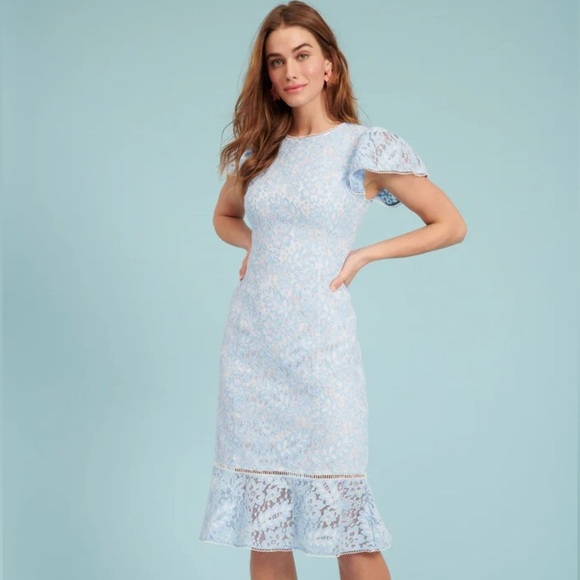 Rachel Parcell Dresses & Skirts - NWOT Rachel Parcell Celeste Blue Short Sleeve Lace Sheath Midi Dress Size XXS